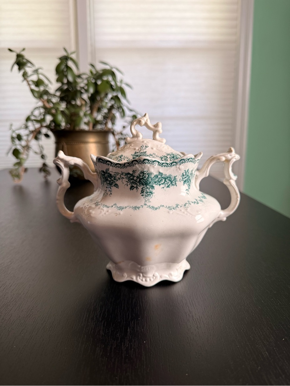 Antique English Green Transferware Covered Tureen Serving Dish Floral